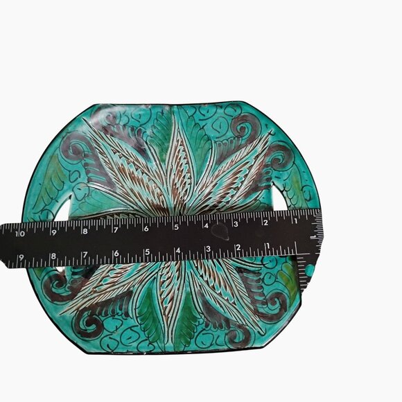 Vintage Moroccan Art Pottery, Green Teal, signed SAFi, Handled Dish, Handcrafted - Picture 5 of 8